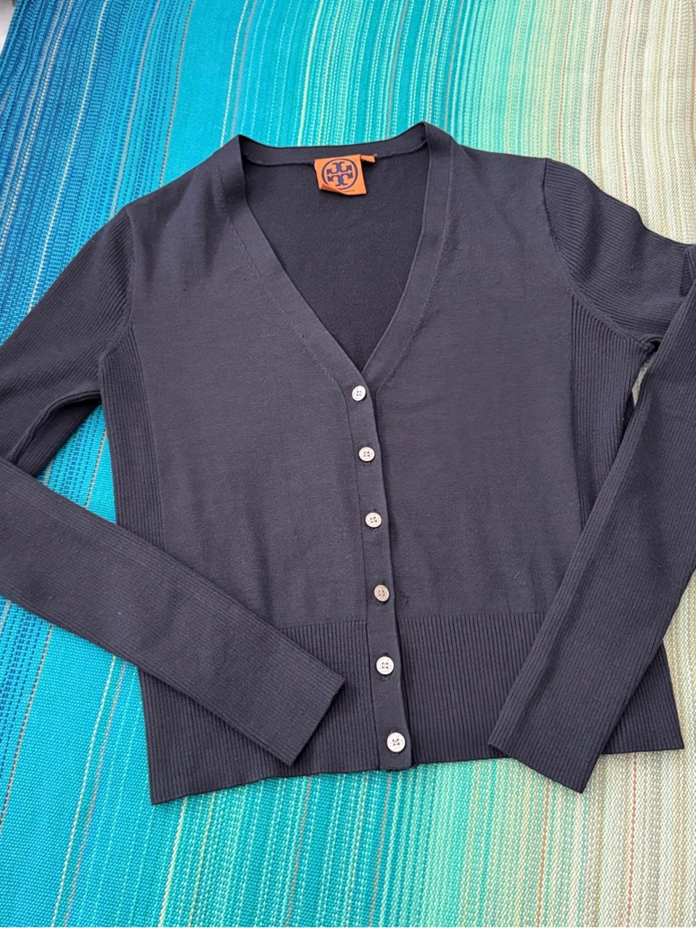 Tory Burch Navy V-Neck Button Cardigan